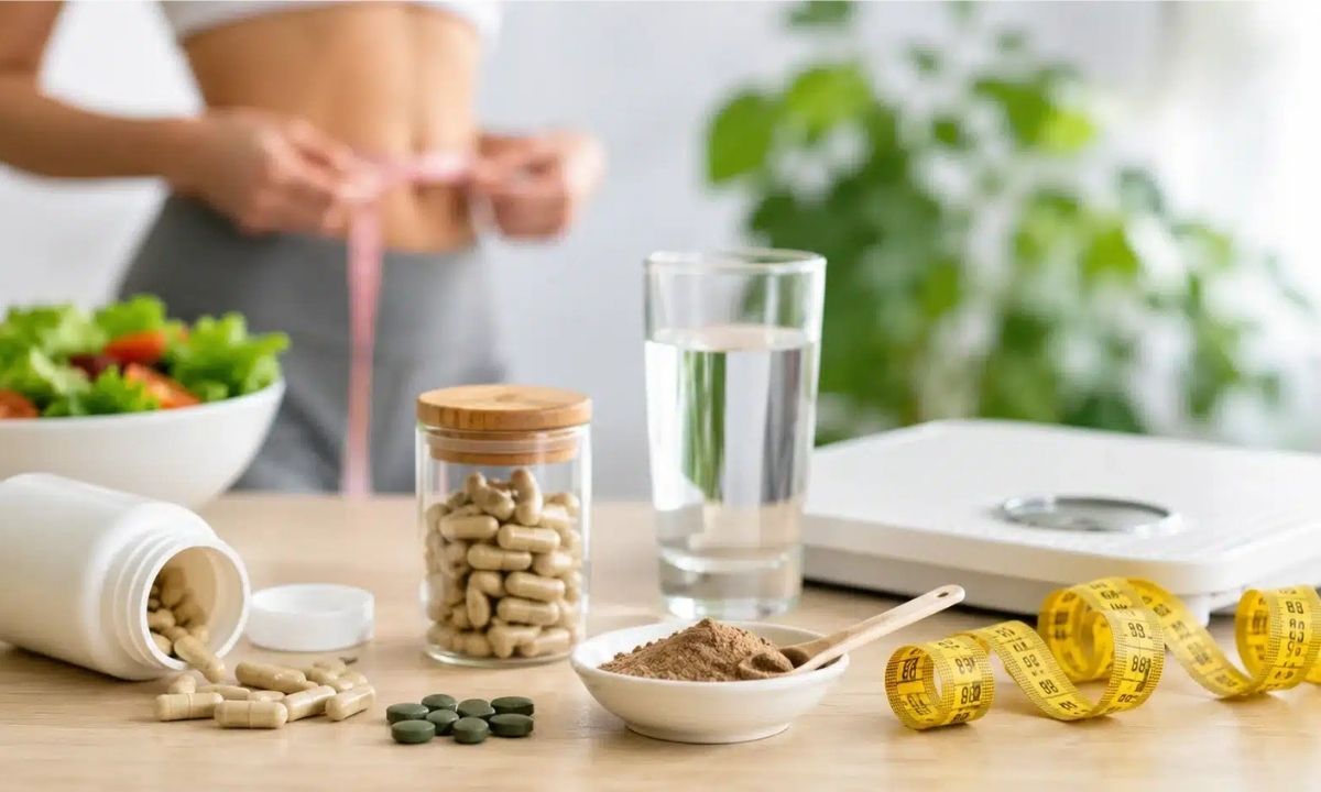 Compléments alimentaires près d’un verre d’eau, d’aliments frais et d’un mètre ruban